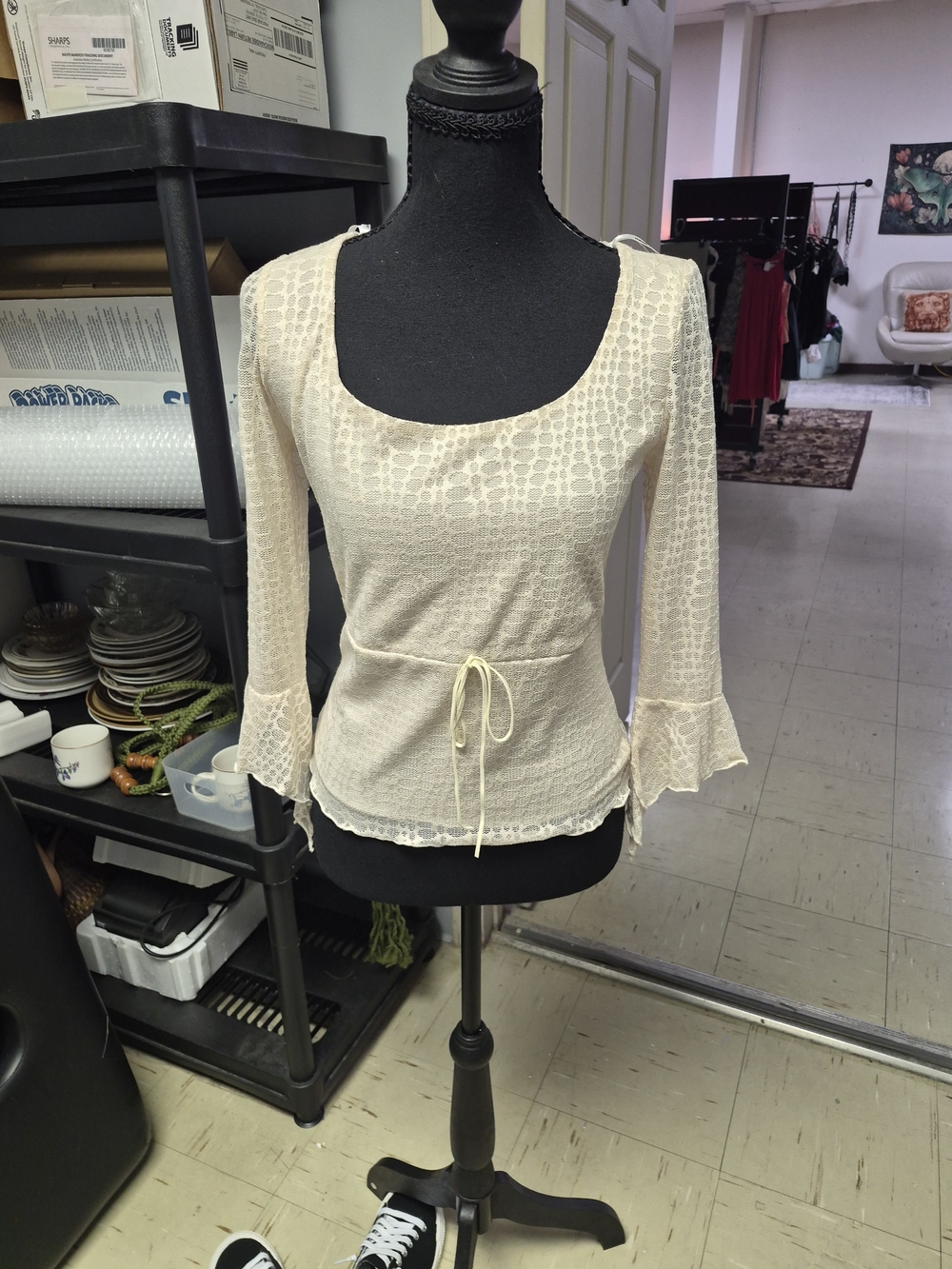 Moa Moa Cream Lace Tie-Waist Peasant Top